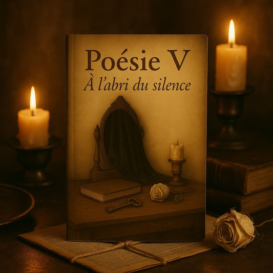 Carnet de poésie - Poésie V À l'abri du silence - Journal poétique posé à la verticale sur un meuble en bois avec à côté deux bougies allumées, de vieux livres et une rose blanche séchée