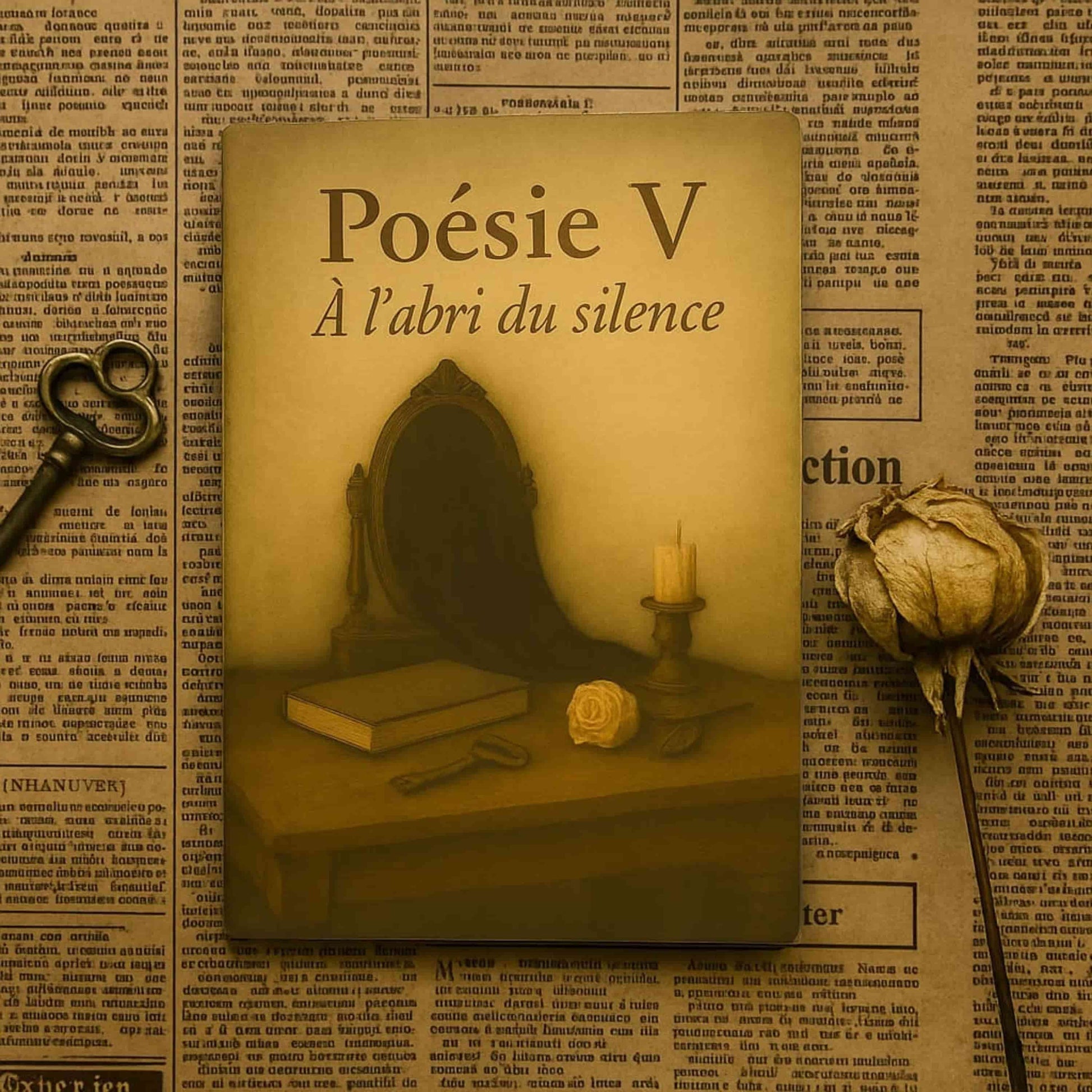 Carnet de poésie - Poésie V À l'abri du silence - Journal poétique déposé sur du vieux journal avec une rose blanche séchée et une clef médiévale à côté