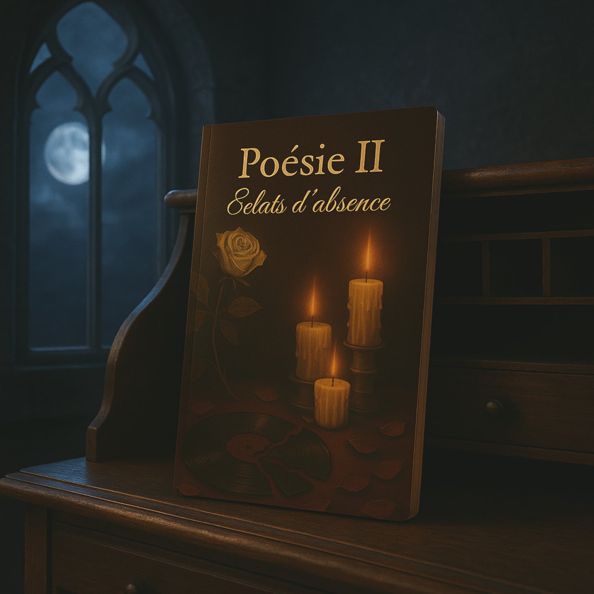 Carnet de poésie - Poésie II Éclats d'absence - journal poétique posé sur un meuble de cuisine en bois ancien avec en arrière plan une fenêtre gothique et la lune apparaît