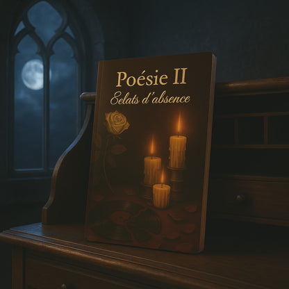 Carnet de poésie - Poésie II Éclats d'absence - journal poétique posé sur un meuble de cuisine en bois ancien avec en arrière plan une fenêtre gothique et la lune apparaît