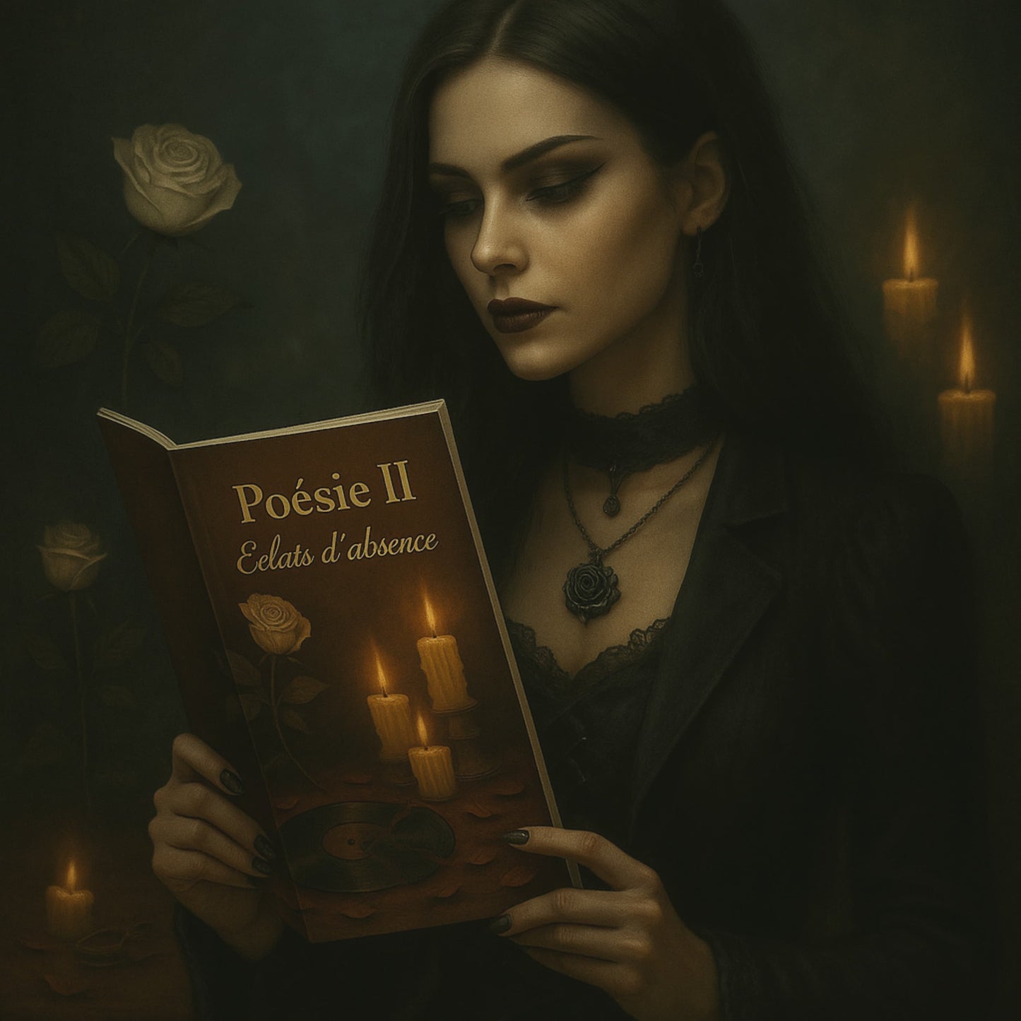 Carnet de poésie - Poésie II Éclats d'absence - journal poétique tenu dans les mains d'une femme gothique