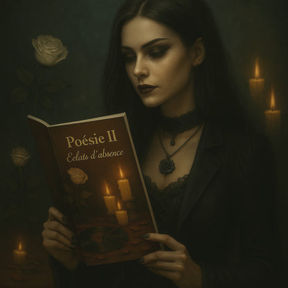 Carnet de poésie - Poésie II Éclats d'absence - journal poétique tenu dans les mains d'une femme gothique