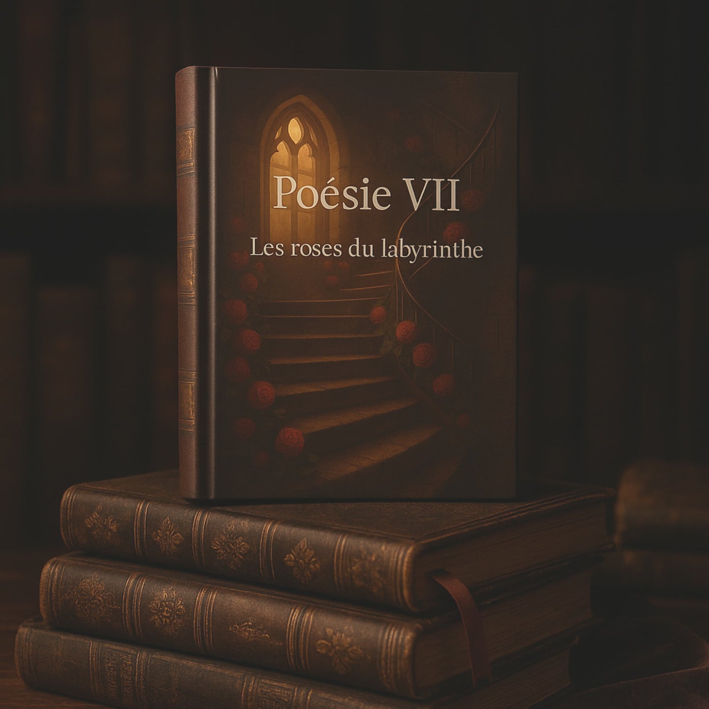 Carnet de poésie Poésie VII Les roses du labyrinthe posé ç la verticale sur d'anciens livres
