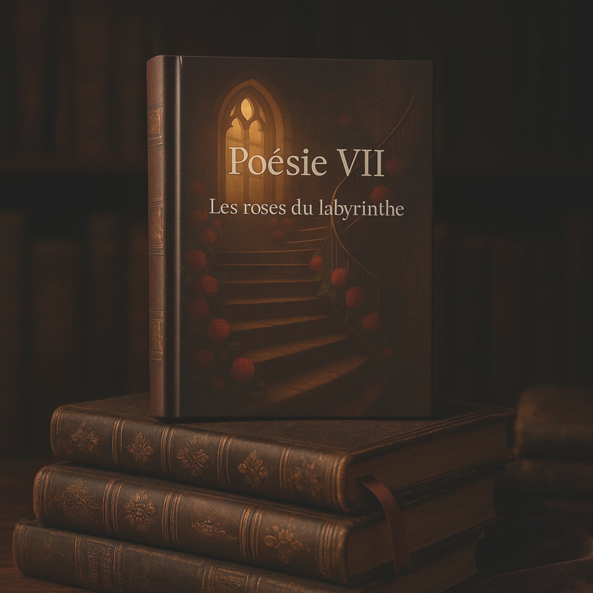 Carnet de poésie Poésie VII Les roses du labyrinthe posé ç la verticale sur d'anciens livres