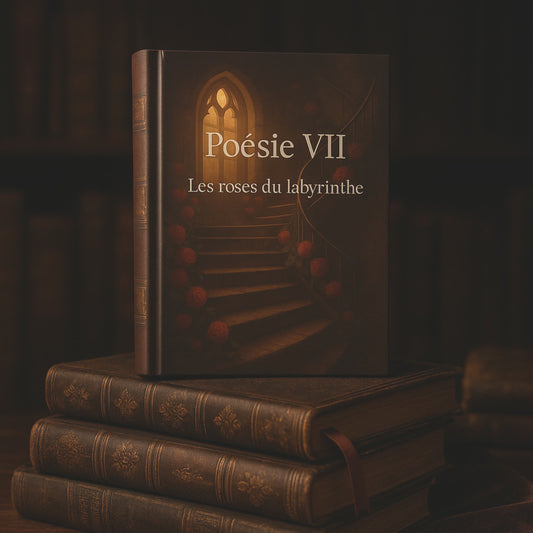 Carnet de poésie Poésie VII Les roses du labyrinthe posé ç la verticale sur d'anciens livres