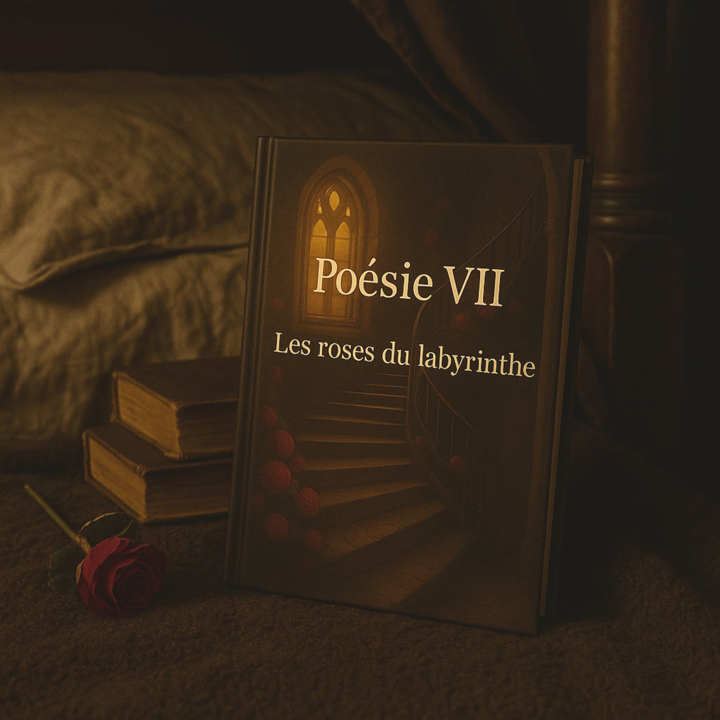 Carnet de poésie Poésie VII Les roses du labyrinthe posé sur un lit baldaquin avec de vieux livres et une rose rouge à côté