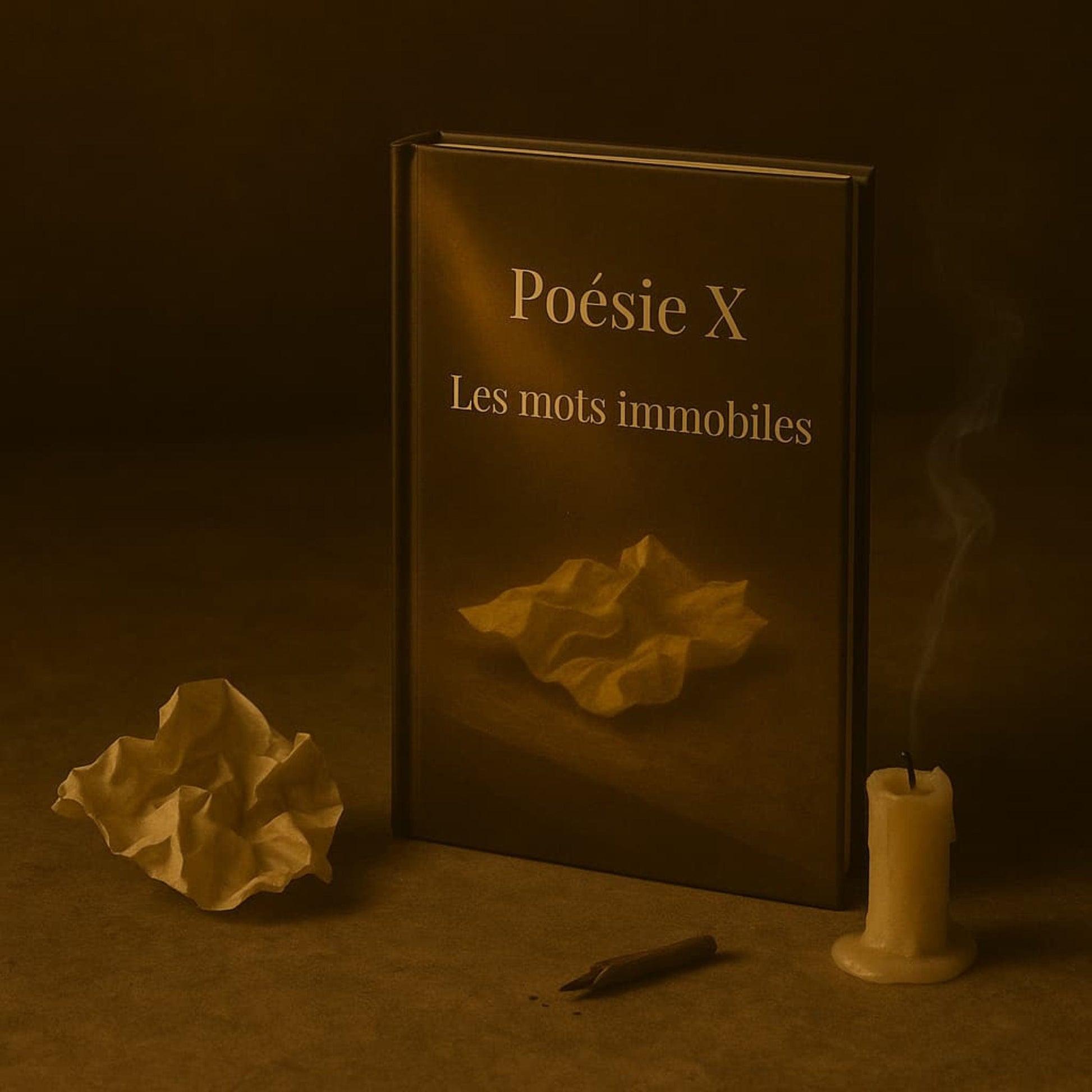 Carnet de poésie Poésie X Les mots immobiles posé sur un table en bois. Bougie éteinte présente