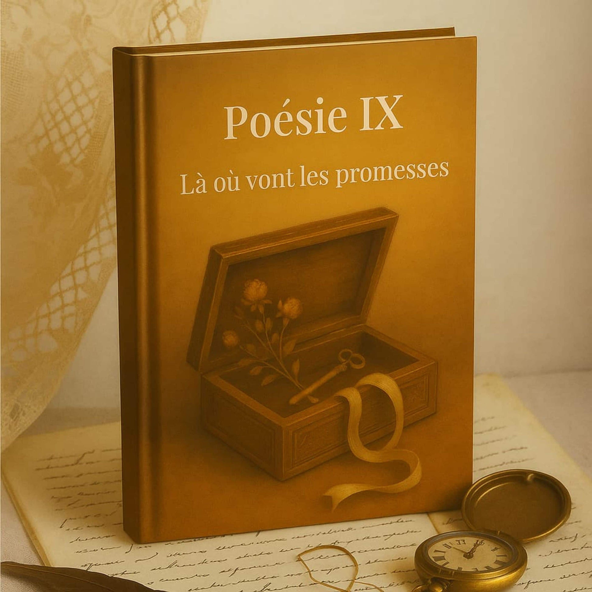 Carnet de poésie Poésie IX Là où vont les promesses posé à la verticale sur une vieux carnet. Une montre gousset et une plume ornent la photo