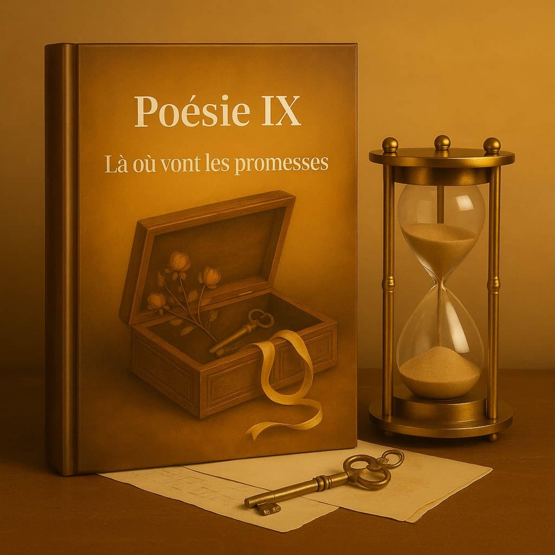 Carnet de poésie Poésie IX Là où vont les promesses posé à la verticale à côté d'un sablier et d'une clef