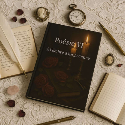 Carnet de poésie Poésie VI À l'ombre d'un Je t'aime posé sur une nappe en dentelle blanche avec une plume blanche, une pierre, des pétales de roses séchés, de vieux bics à côté