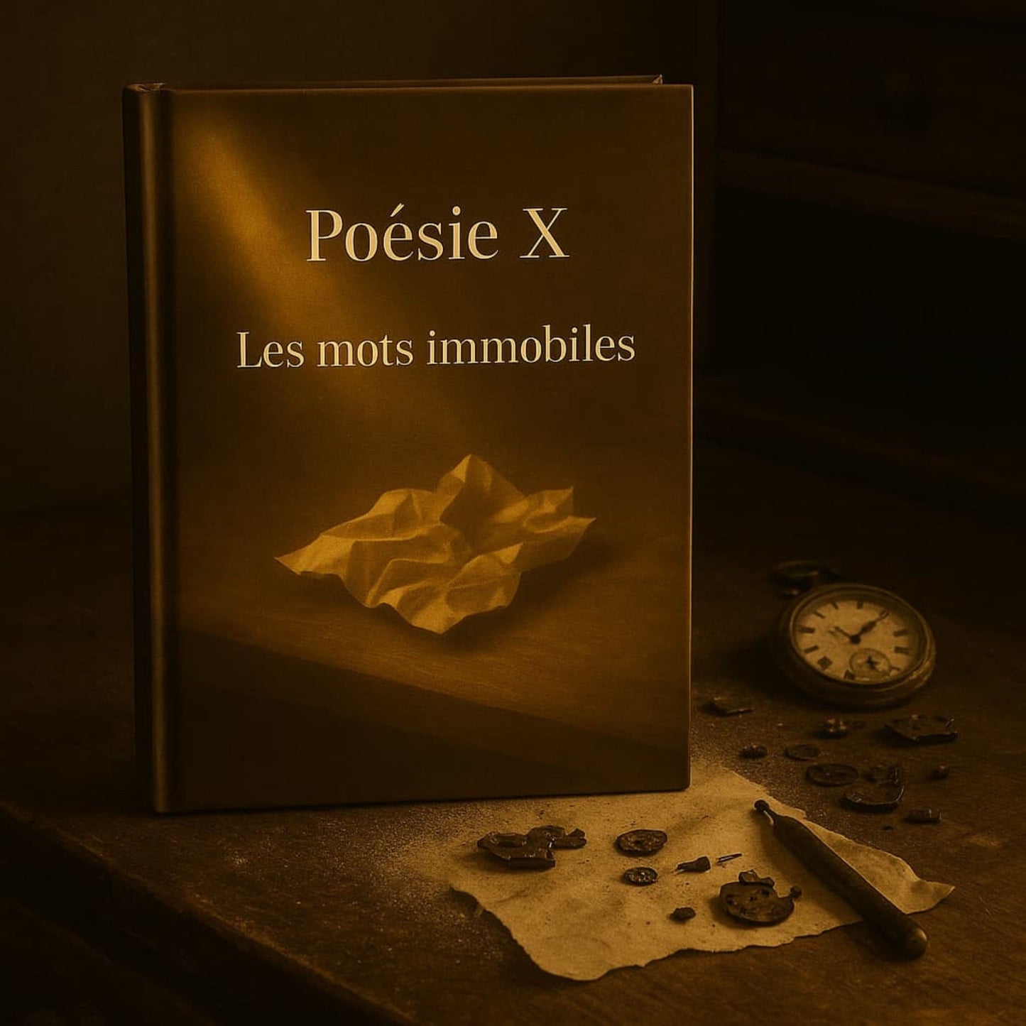 Carnet de poésie Poésie X Les mots immobiles posé sur une vieille table en bois, une montre gousset à côté