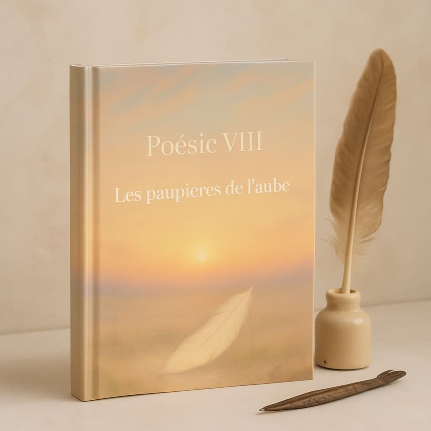 Carnet de poésie Poésie VIII Les paupières de l'aube posé sur une table blanche avec un encrier blanc, une plume brune à côté