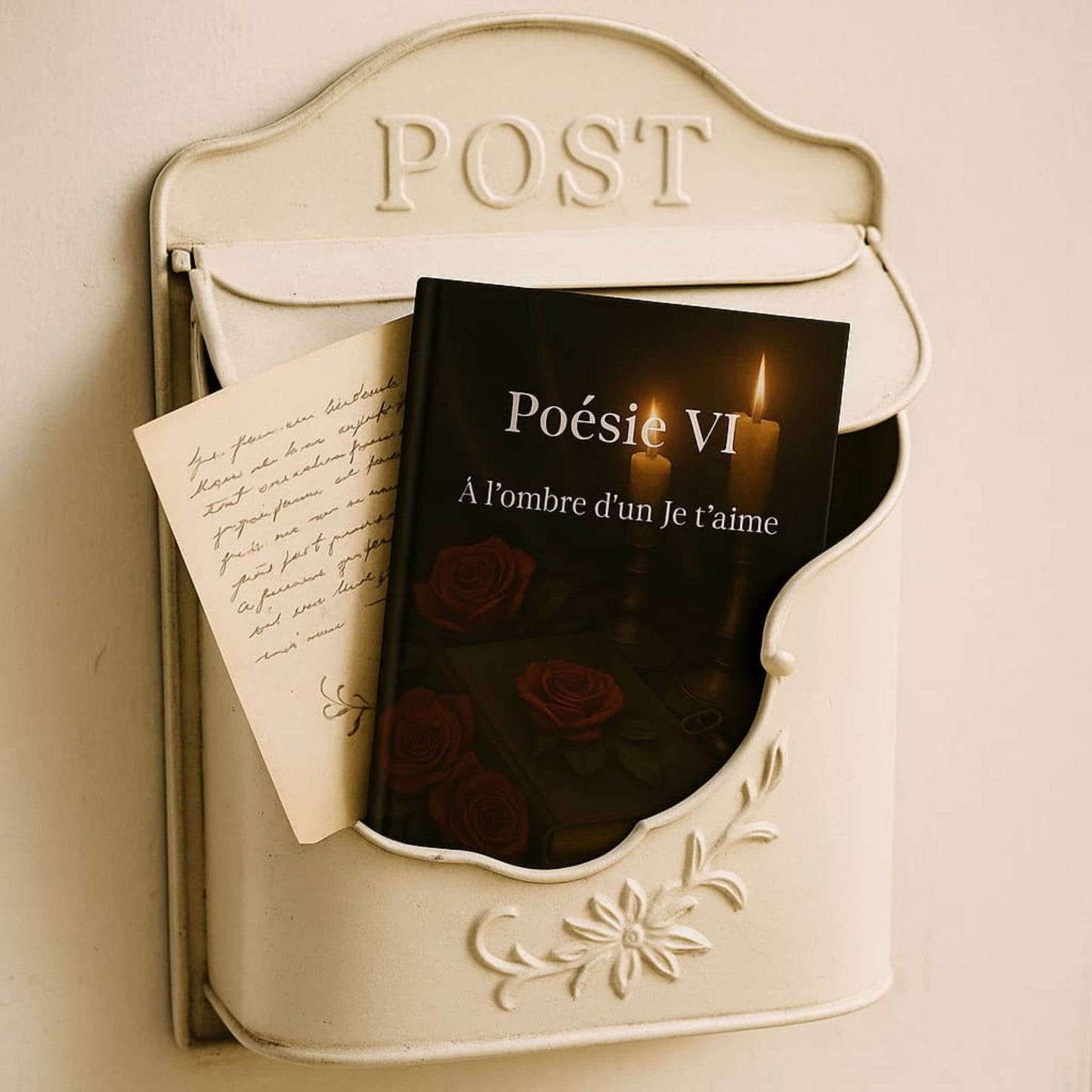 Carnet de poésie Poésie VI À l'ombre d'un Je t'aime posé dans une boîte-aux-lettre blanche en métal