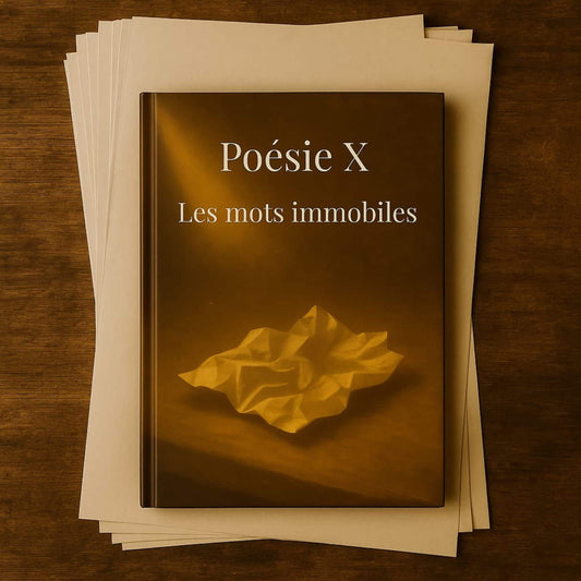 Livre de poésie Poésie X Les mots immobiles posé sur des feuilles blanches sur un bureau en bois