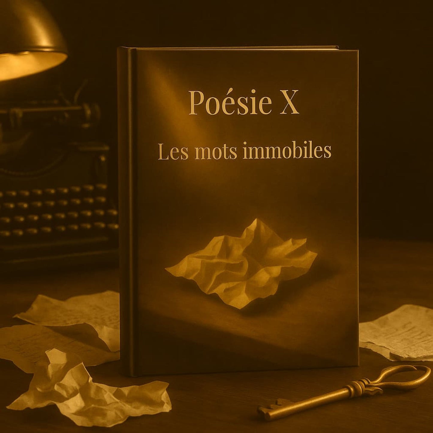 Carnet de poésie Poésie X Les mots immobiles avec une vieille machine à écrire en arrière plan