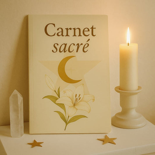 Carnet de rituel Carnet sacré entouré d'une bougie allumée et d'une pierre précieuse
