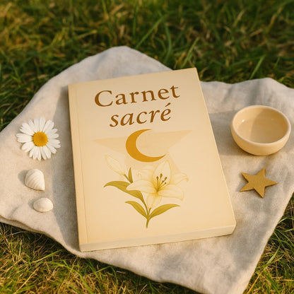 Carnet de rituel Carnet sacré posé sur un housse de coussin en coton, entouré d'une fleur de marguerite, de coquillages et d'un petit bol d'eau