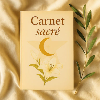 Carnet de rituel Carnet sacré posé sur un drap en satin beige, une feuille de laurier à côté