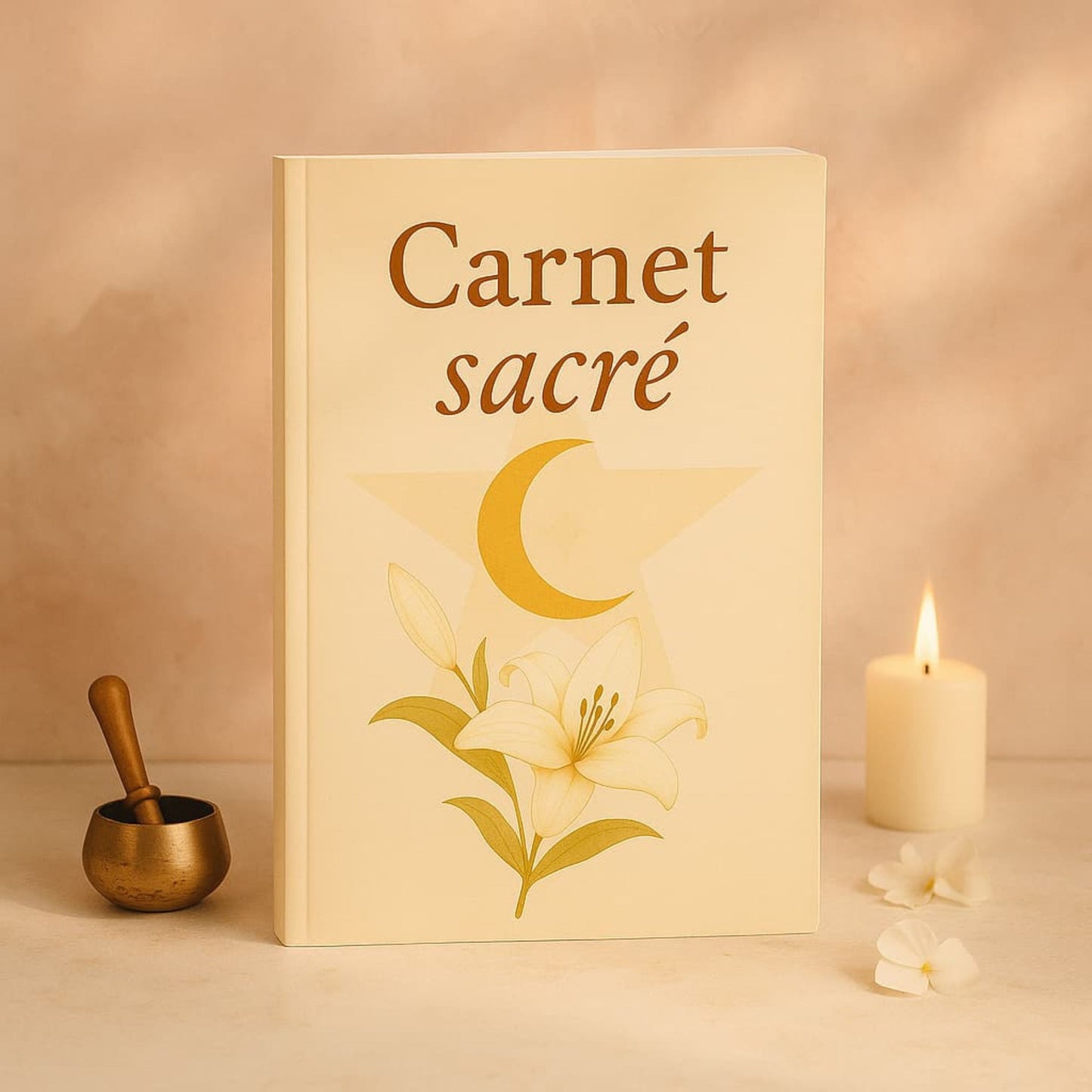 Carnet de rituel Carnet sacré posé à la verticale sur un meuble blanc avec autour une bougie blanche, un bol tibétain et des pétales de fleur blanche