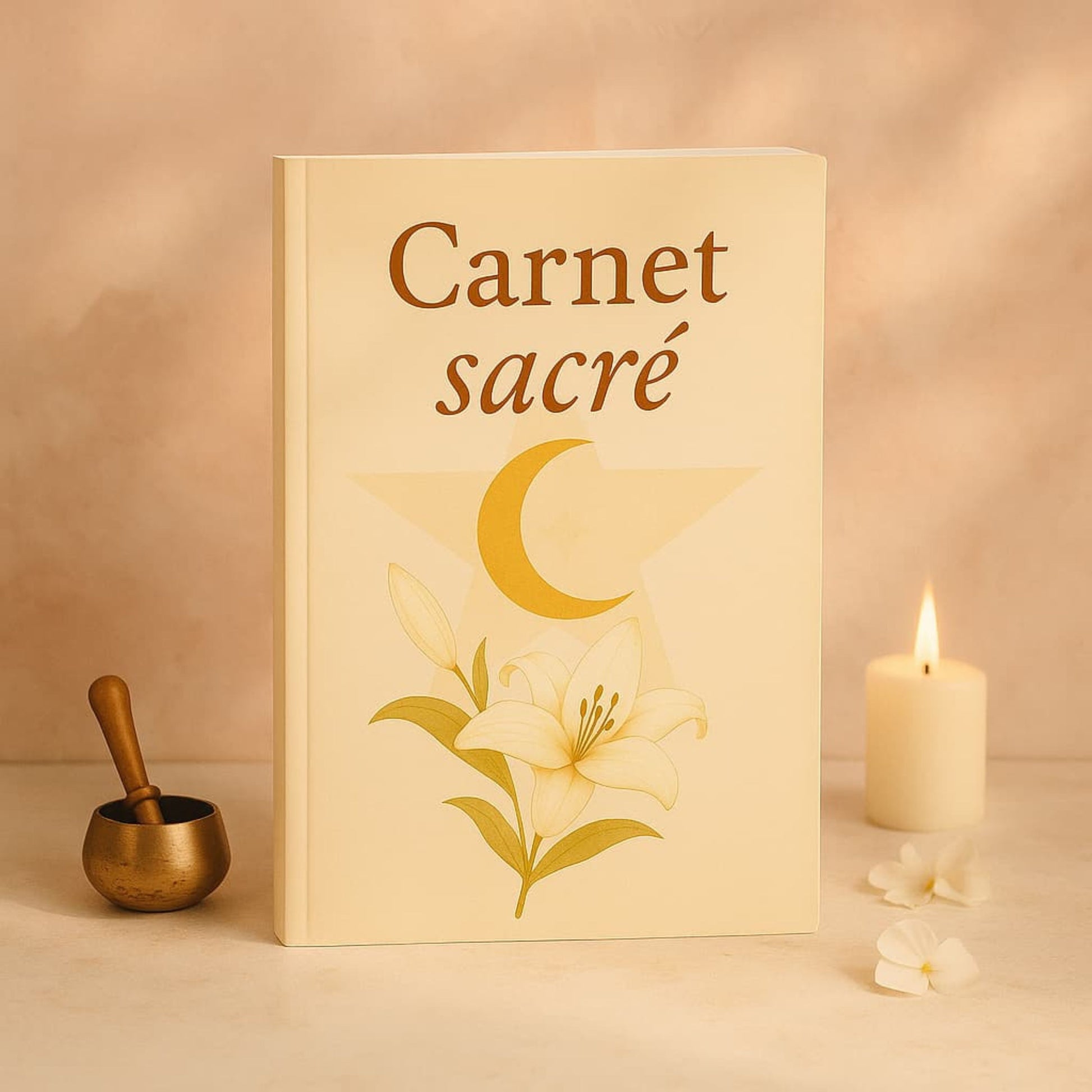 Carnet de rituel Carnet sacré posé à la verticale sur un meuble blanc avec autour une bougie blanche, un bol tibétain et des pétales de fleur blanche