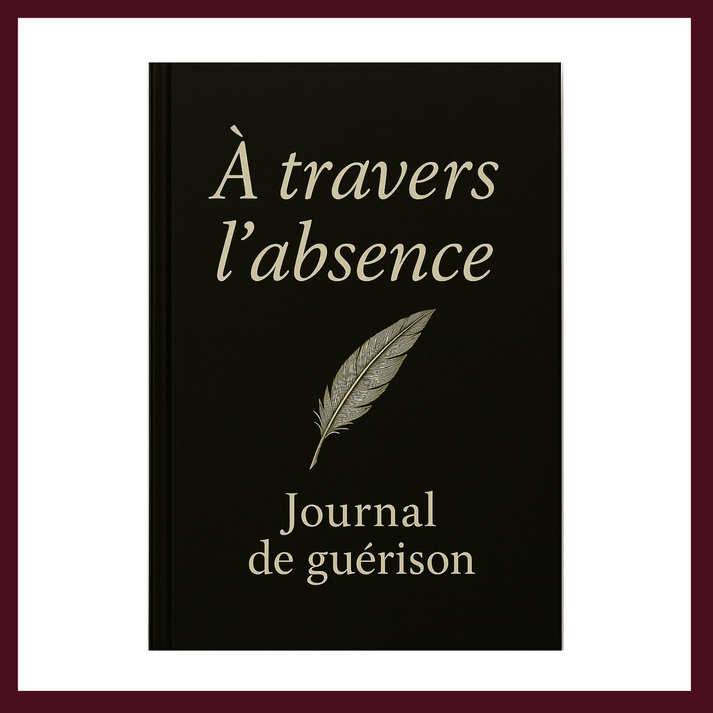 Couverture avant carnet de deuil, journal de guérison, couverture foncée avec une plume blanche au centre