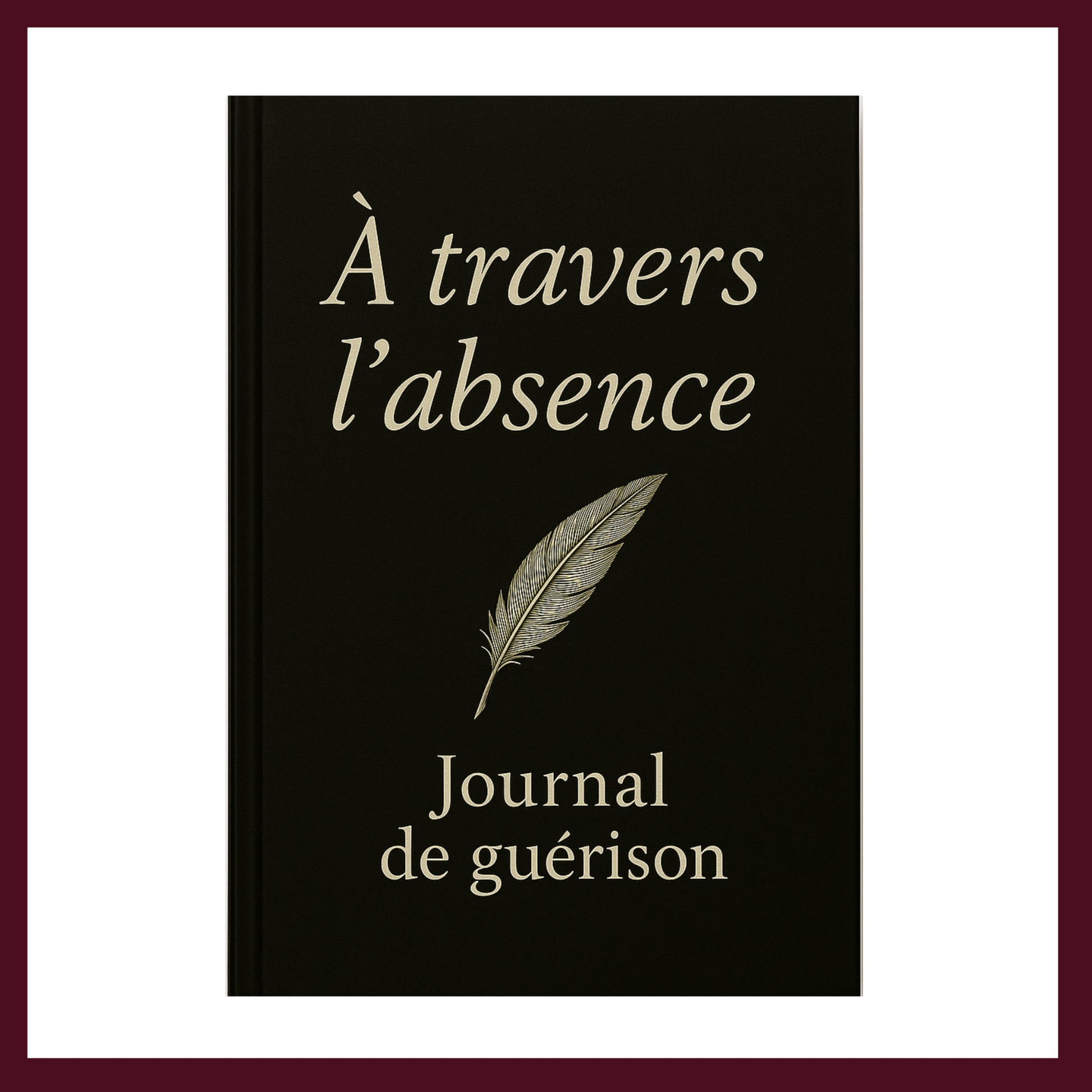 Couverture avant carnet de deuil, journal de guérison, couverture foncée avec une plume blanche au centre
