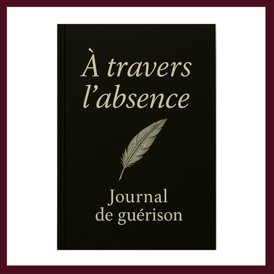 Couverture avant carnet de deuil, journal de guérison, couverture foncée avec une plume blanche au centre