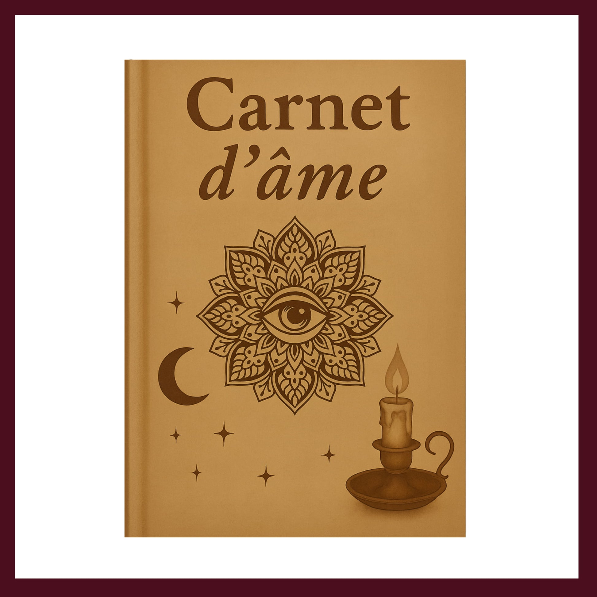 Couverture avant carnet de rituel avec un oeil centreé dans une fleur, une lune, des étoiles et un bougeoir