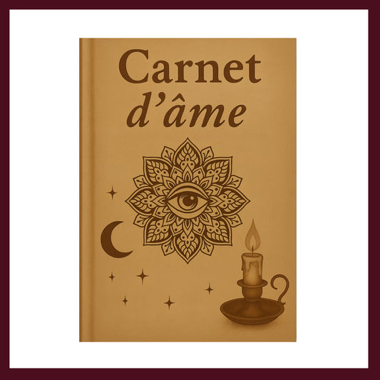 Couverture avant carnet de rituel avec un oeil centreé dans une fleur, une lune, des étoiles et un bougeoir