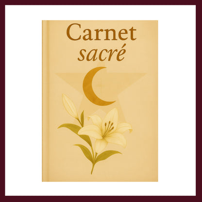 Couverture avant carnet de rituel beige clair  orné d'un lys, d'une étoile et d'une lune