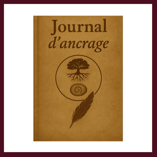 Couverture avant carnet de rituel ornée de l'arbre de vie, un galais et une plume