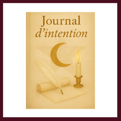 Couverture avant carnet de rituel, journal d'intention ornée d'un parchemin, d'une plume blanche, d'une lune, d'une étoile et d'une bougie allumée