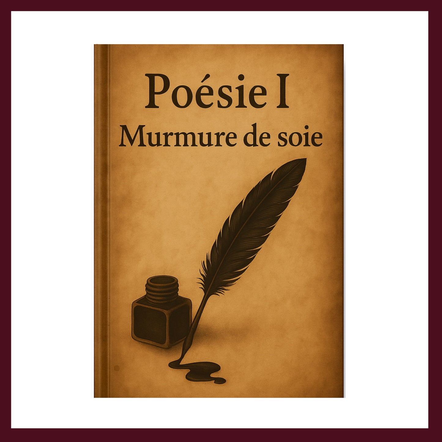 Couverture avant vintage carnet de poésie avec une plume noire et un encrier