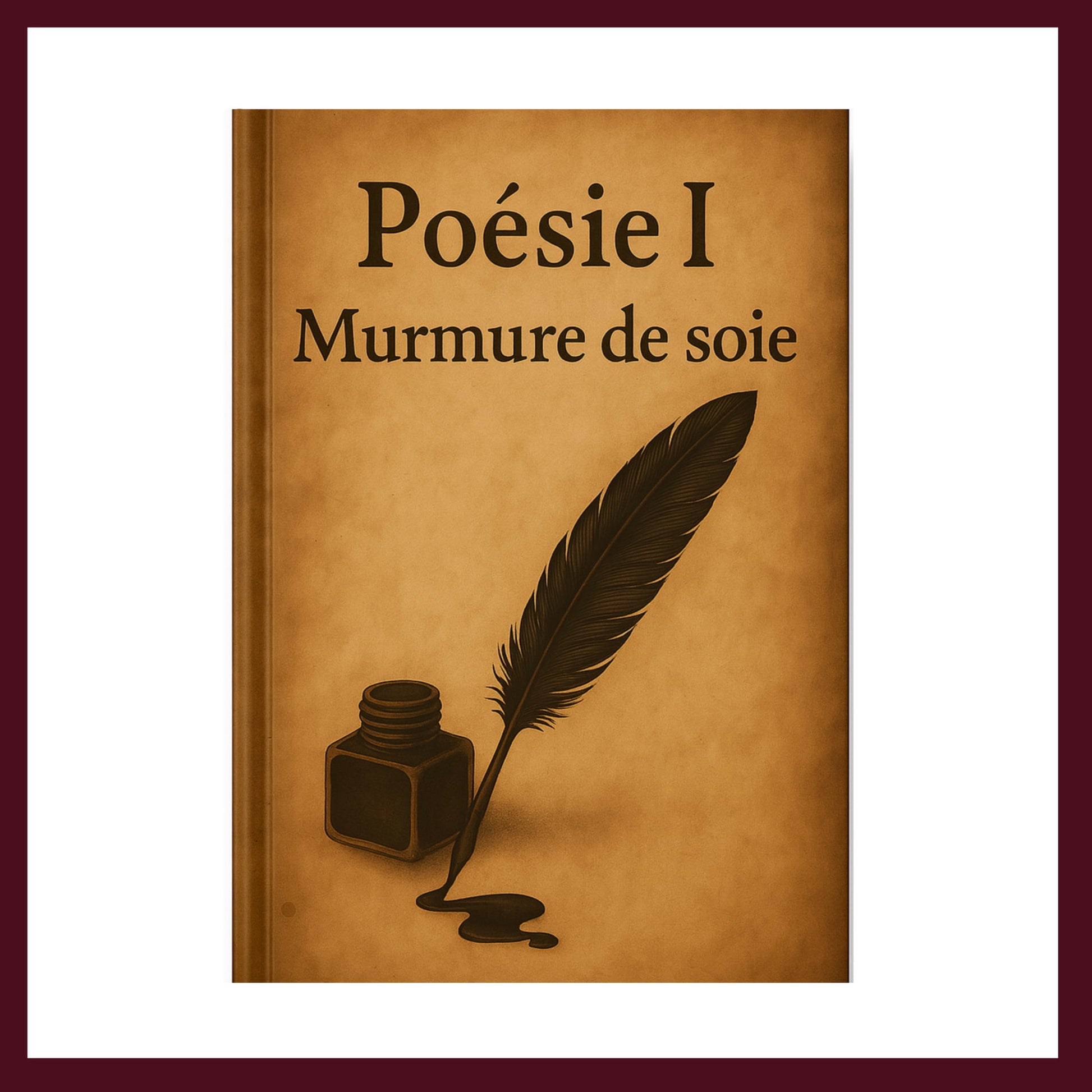 Couverture avant vintage carnet de poésie avec une plume noire et un encrier