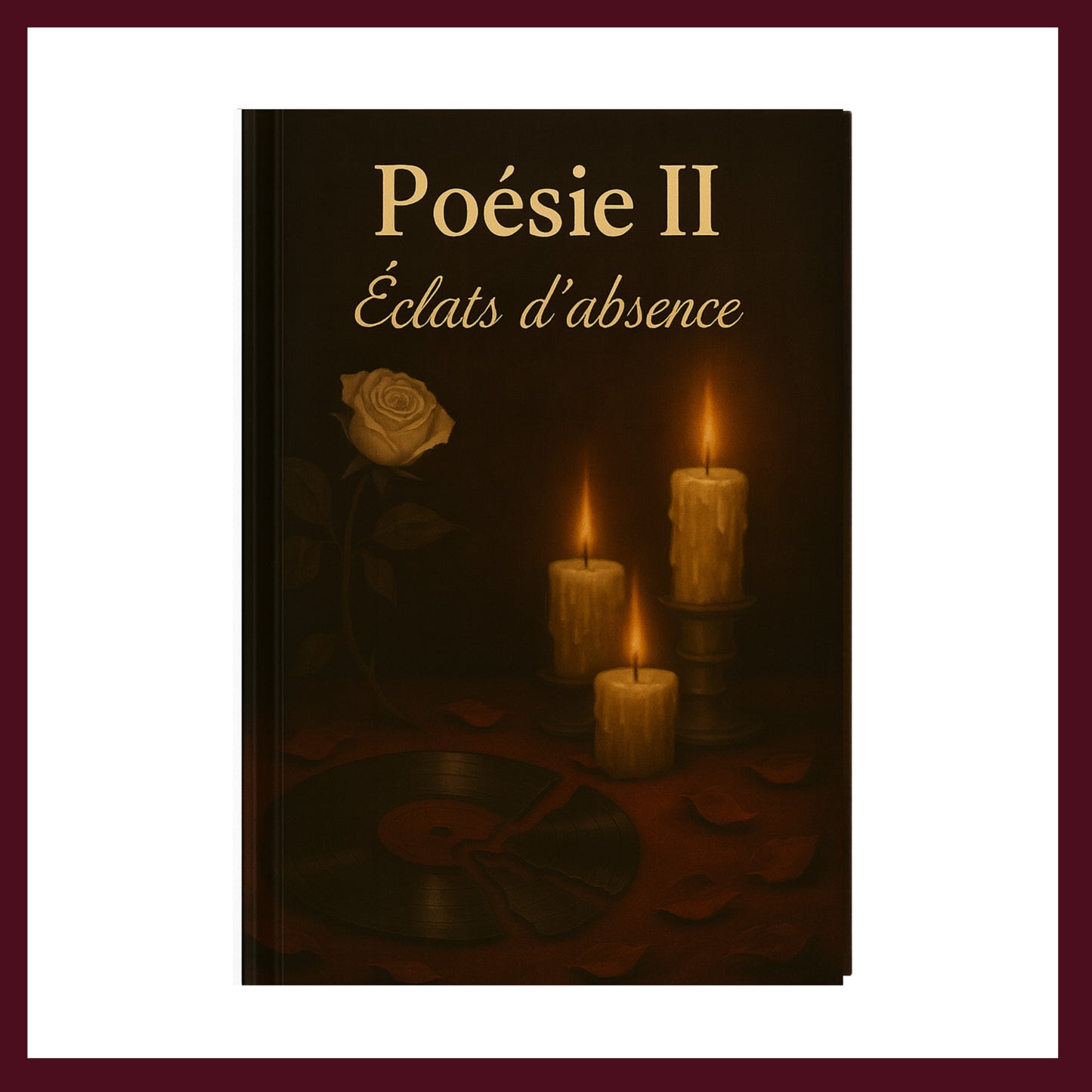 Couverture avant du carnet de poésie avec des bougies, une rose blanche et un disque cassé
