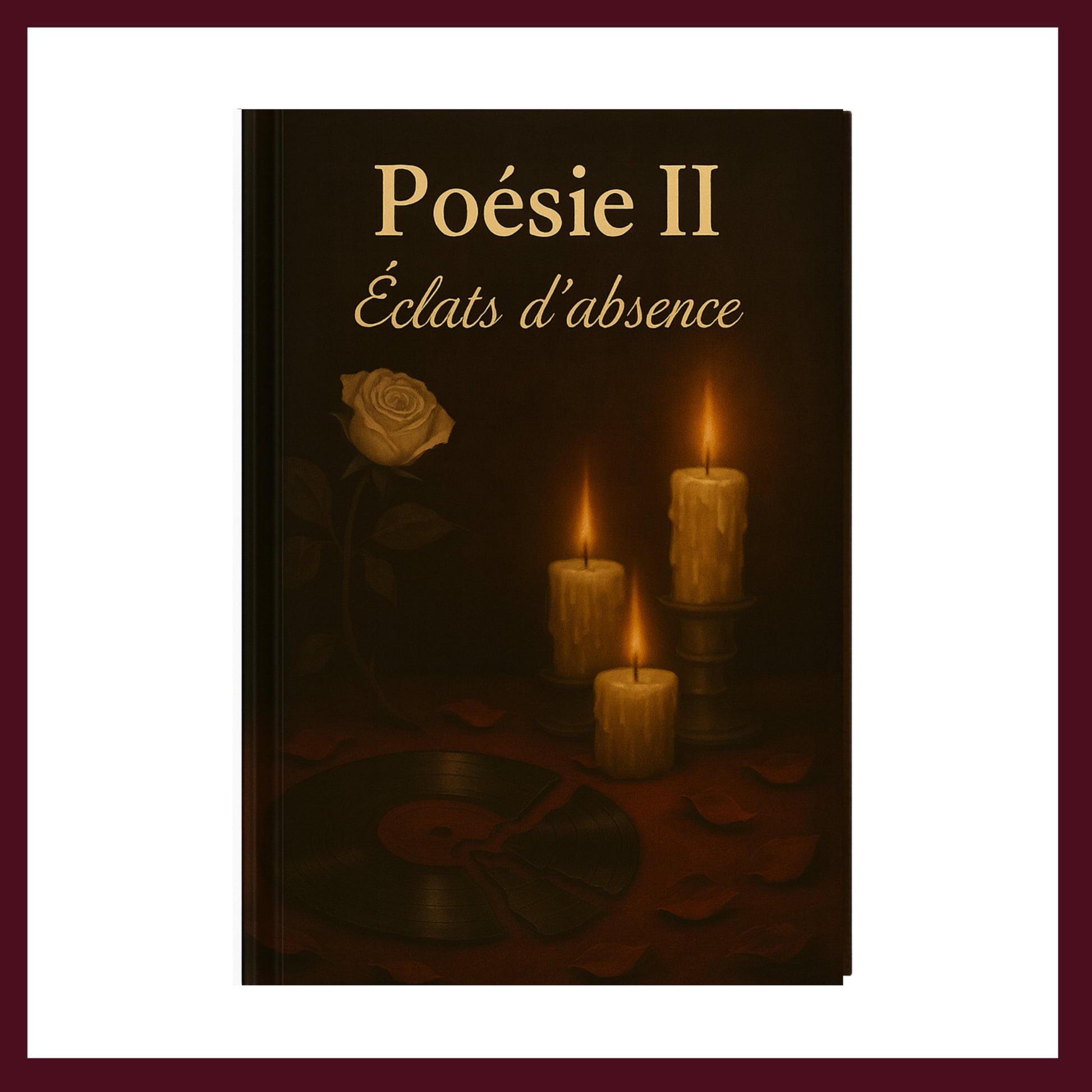 Couverture avant du carnet de poésie avec des bougies, une rose blanche et un disque cassé