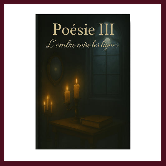 Couverture avant carnet de poésie avec des chandeliers bougies allumées, un secrétaire, un livre fermé et un miroir