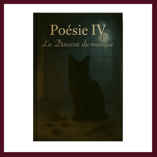 Couverture avant carnet de poésie avec un chat noir dans une abbaye entouré de pétales de roses et une rose rouge