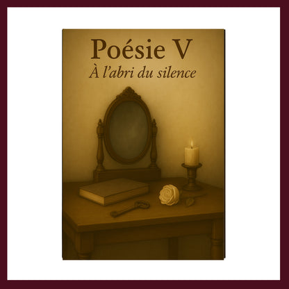 Couverture avant carnet de poésie avec un ancien miroir, un livre, une ancienne clef, une rose blanche et une bougie allumée