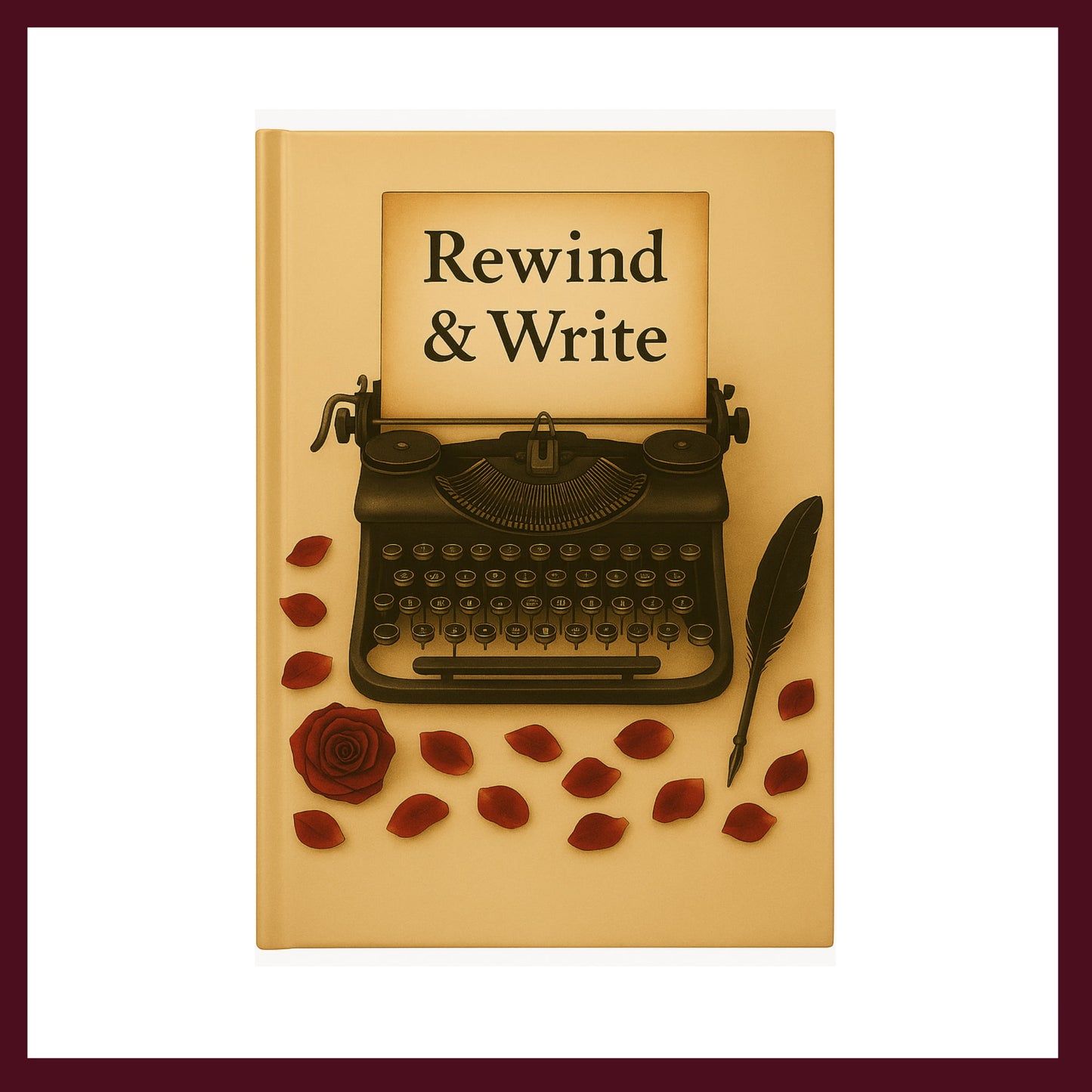 Couverture avant du carnet Rewind  Write avec une machine à écrire vintage , une plume noire et des pétales de roses