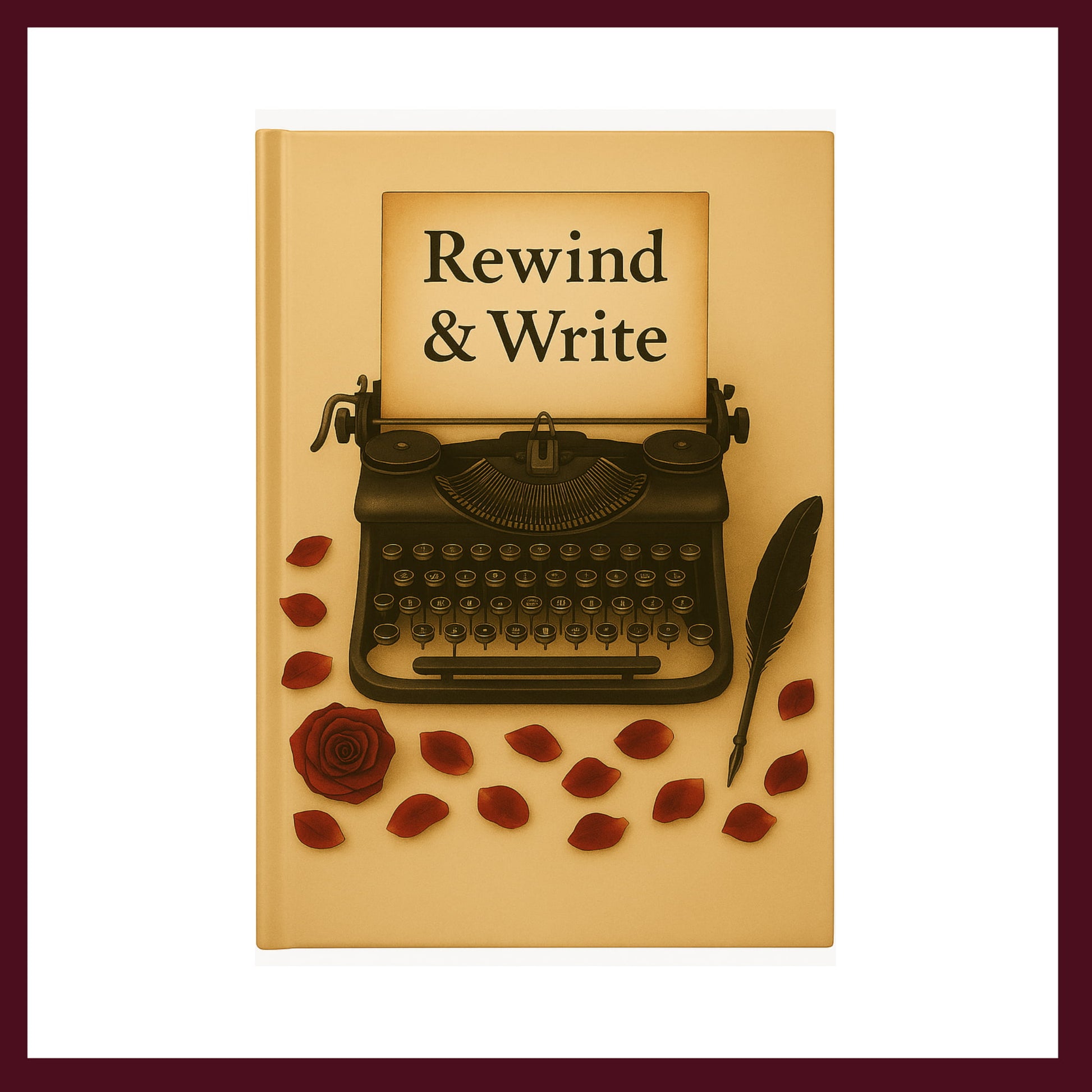 Couverture avant du carnet Rewind  Write avec une machine à écrire vintage , une plume noire et des pétales de roses