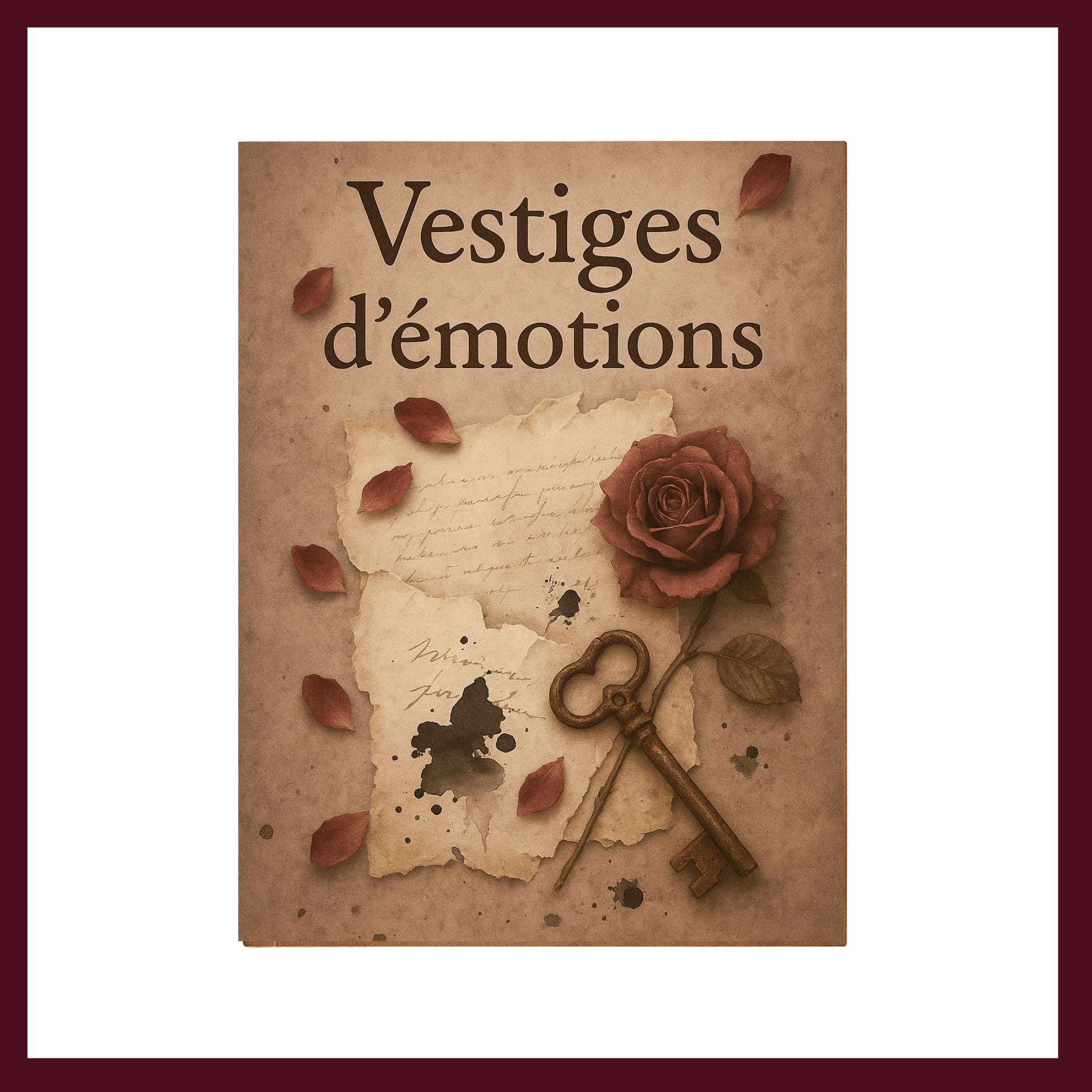 Couverture avant du carnet vintage Vestiges d'émotions ornée d'une rose, de pétales de roses, d'un ancien manuscrit, d'une tache d'encre et une ancienne clef