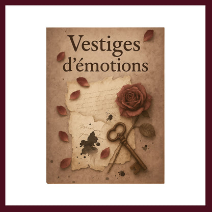 Couverture avant du carnet vintage Vestiges d'émotions ornée d'une rose, de pétales de roses, d'un ancien manuscrit, d'une tache d'encre et une ancienne clef