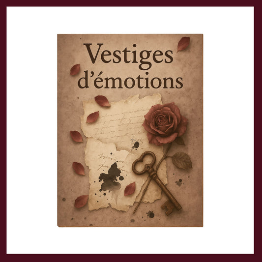 Couverture avant du carnet vintage Vestiges d'émotions ornée d'une rose, de pétales de roses, d'un ancien manuscrit, d'une tache d'encre et une ancienne clef