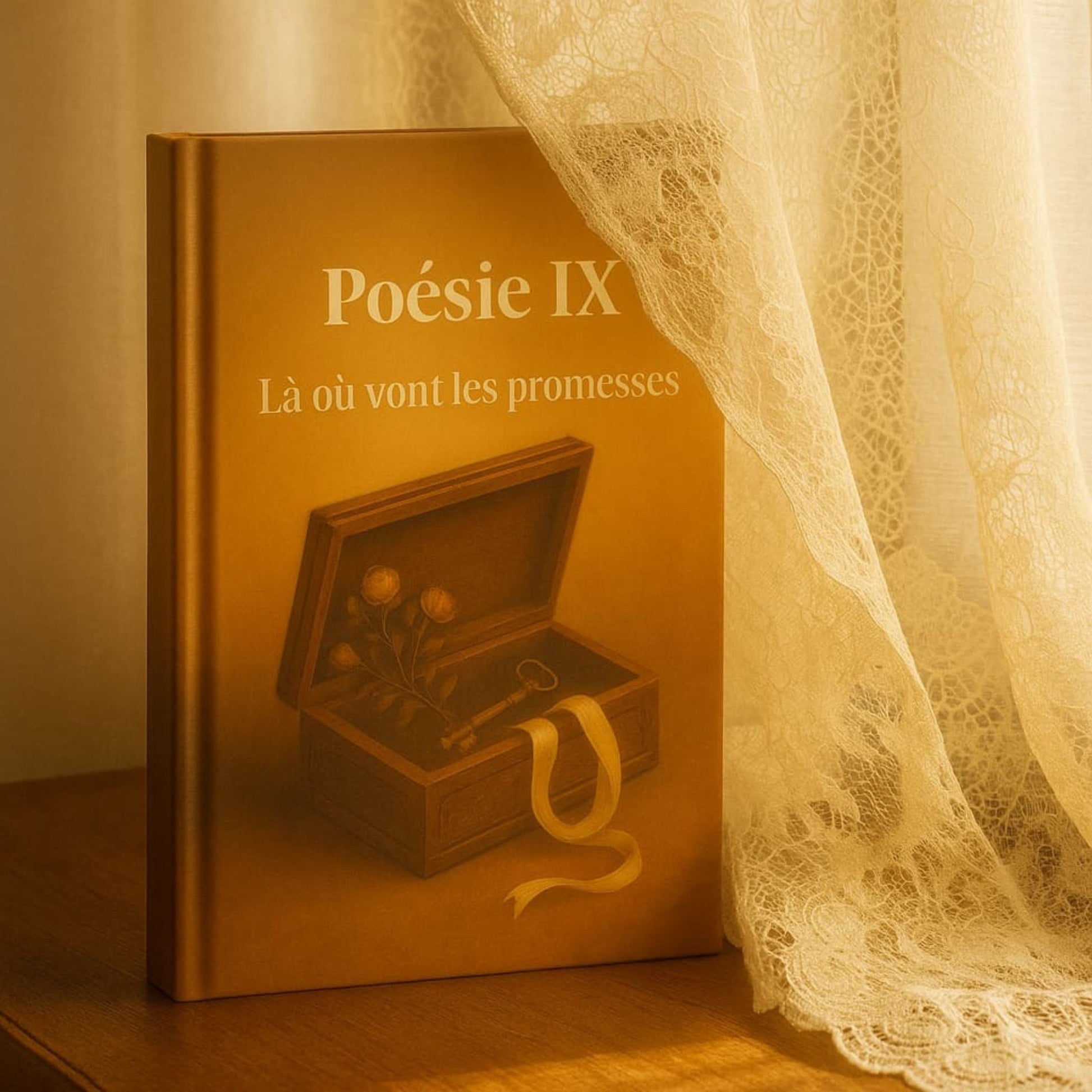 Carnet de poésie Poésie IX Là où vont les promesses posé à la verticale sur une table en bois. Un rideau en dentelle le recouvre un peu