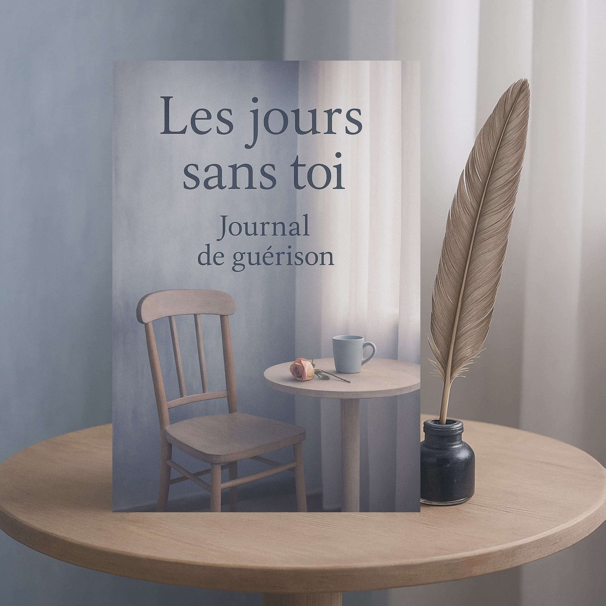Carnet de deuil - Les jours sans toi - Journal de guérison posé à la verticale sur une table en bois ronde avec un encrier noir et un plume beige à côté