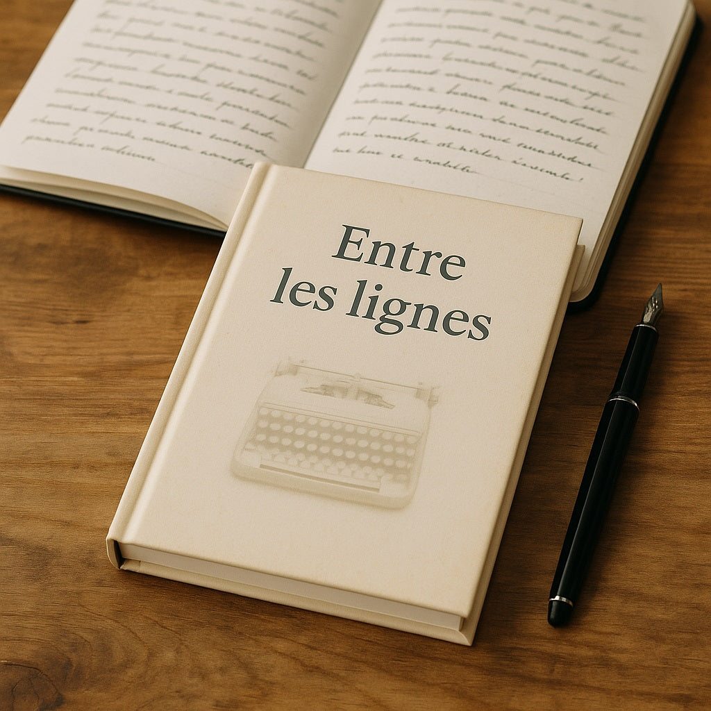 Carnet de notes - Entre les lignes  Journal intime déposé sur un autre carnet ouvert sur des pages manuscrites avec un stylo à côté le tout sur un meuble en bois