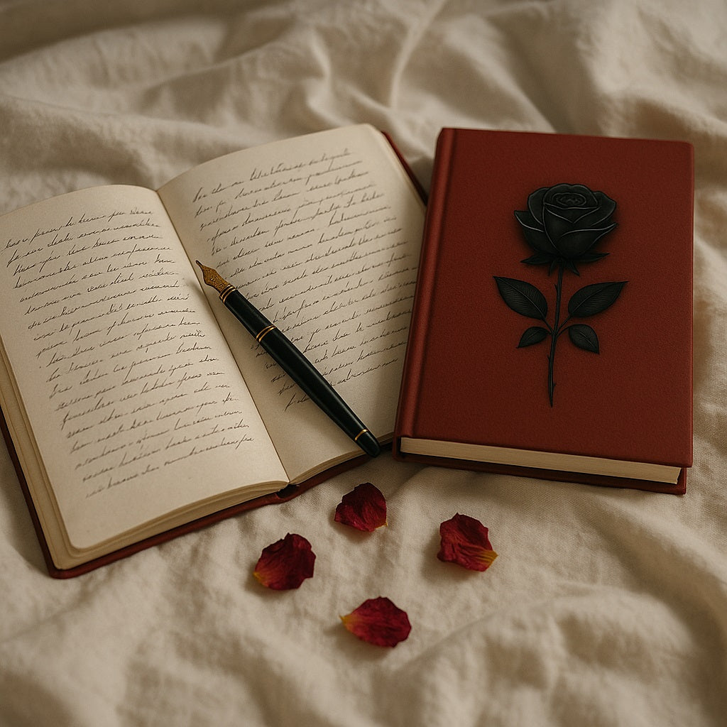 Carnet de note - La mémoire du cuir - Journal intime posé sur un drap blanc avec à côté un carnet ouvert pages manuscrites, un stylo et des pétales de rose rouge