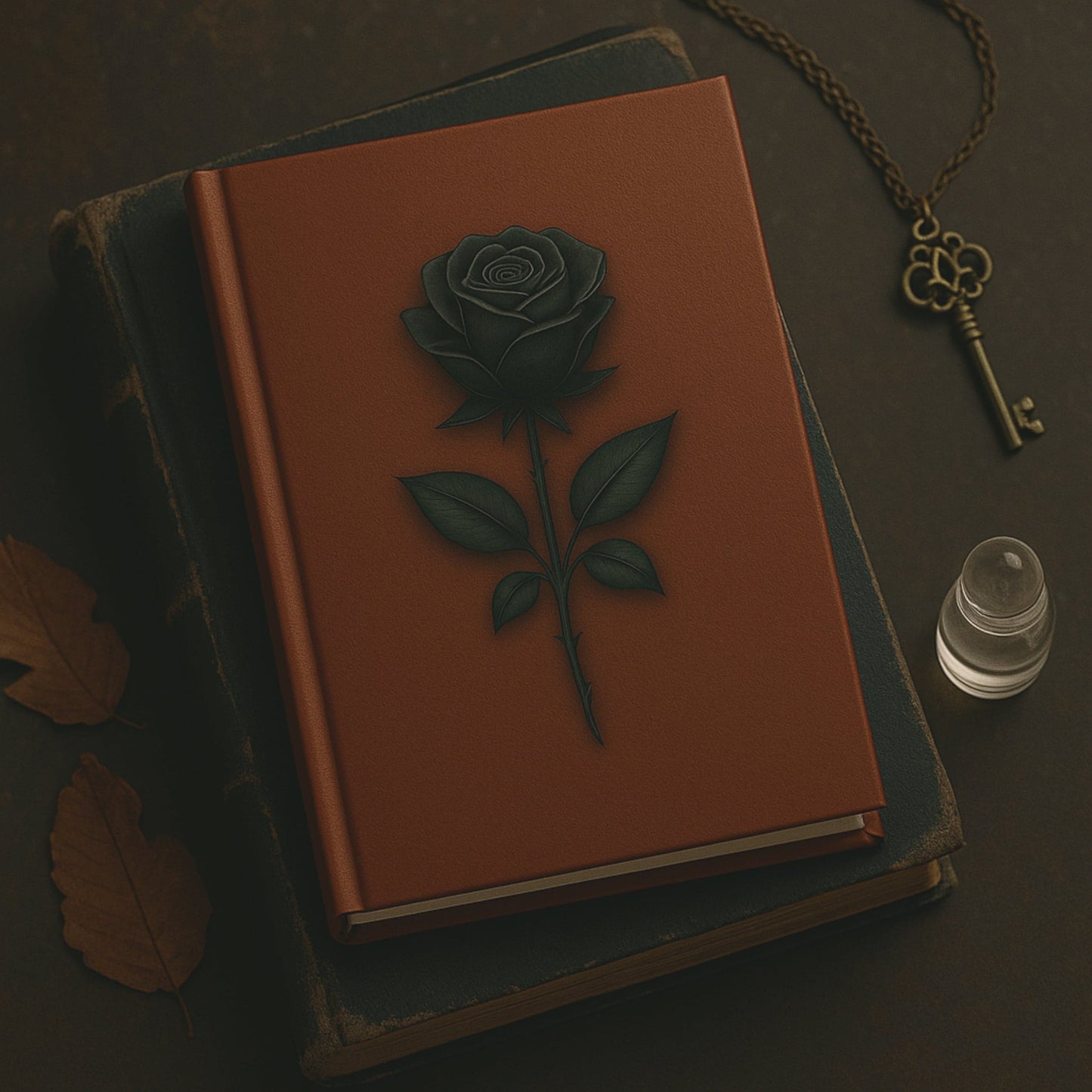 Carnet de note - La mémoire du cuir - Journal intime posé sr un ancien livre et à côté une petite fiole, des feuilles d'arbre séchées et une clef en pendentif