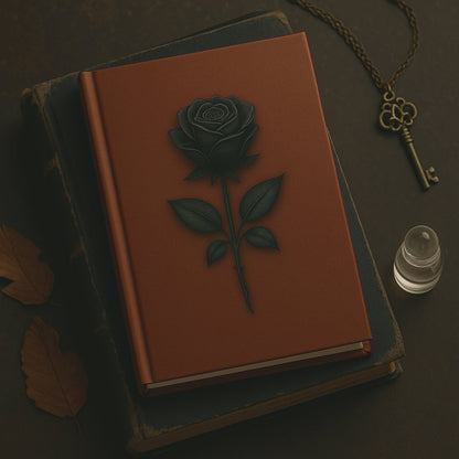 Carnet de note - La mémoire du cuir - Journal intime posé sr un ancien livre et à côté une petite fiole, des feuilles d'arbre séchées et une clef en pendentif
